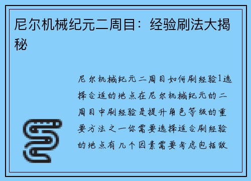 尼尔机械纪元二周目：经验刷法大揭秘
