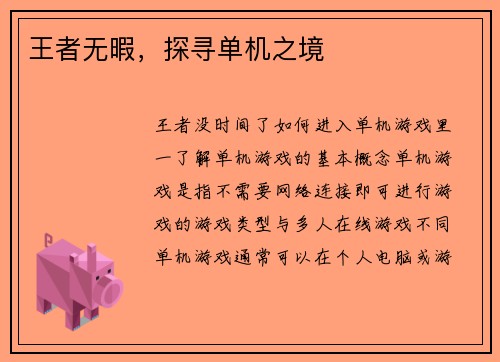 王者无暇，探寻单机之境